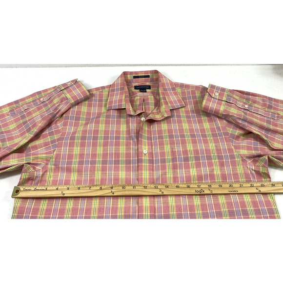 Lands' End Mens Shirt Size 16 1/2- 33 No Iron Pink Plaid Button Down Long Sleeve - Picture 4 of 8
